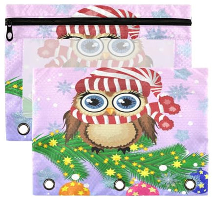 Kcldeci Federmäppchen mit 3 Ringen, Federmäppchen mit Reißverschluss, für 3-Ringbuch, Weihnachtseule auf einem Ast, mit Ballon, Federmäppchen mit transparentem Fenster, 2 Stück