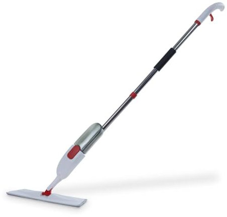 CASA Maria Wischmopp mit Sprühfunktion - Spray Mop 360° - Sprühwischer mit Sprühflasche & 2 Mikrofaserpads - Bodenwischer für Laminat Fliesen Parkett, Nass- & Trockenreinigung, Weiß Rot, 123 cm