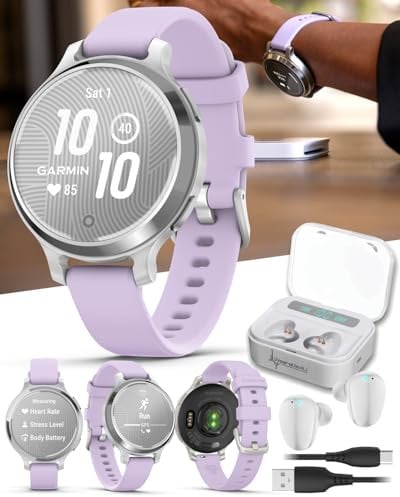 Wearable4U Garmin Lily 2 Active, Silver with Purple Jasmine Silicone Band, Smartwatch, Built-in GPS, Hidden Display, Patterned Lens, Up to 9 Days Battery Life w White Earbuds Bundle