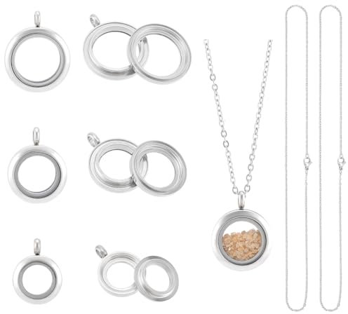 UNICRAFTALE 3 Set 3 Größe Schwimmende Medaillon Anhänger Edelstahl Kristall Doppelseitiger Rahmen Memory Medaillon Charm Glasbehälter Memory Rund Locket Anhänger Halskette Für DIY Schmuckherstellung