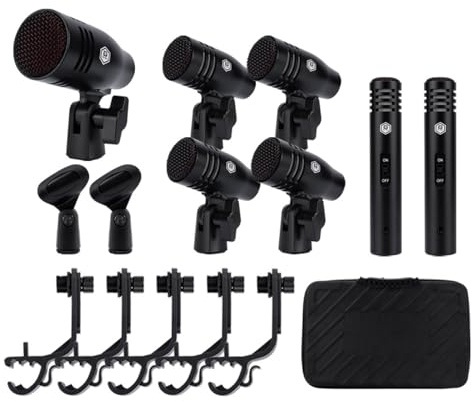 W IN-MIX Kit de micrófono dinámico de batería con cable de 7 piezas (metal entero) – Micrófono para bajo, Tom/Snare y platillos para batería, vocal, otros instrumentos completo con clip de rosca,