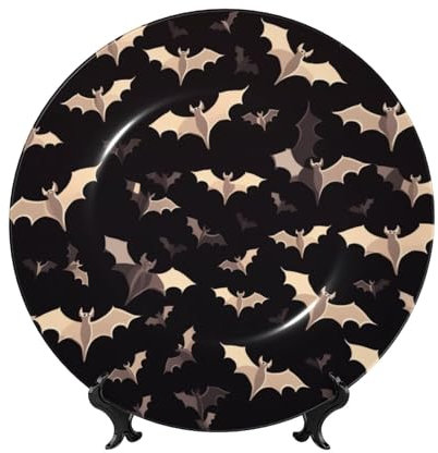 NONHAI Assiette décorative en porcelaine anglaise de 15,2 cm avec support de présentation, assiettes en céramique à suspendre pour Halloween, chauve-souris volantes, assiette en porcelaine pour la