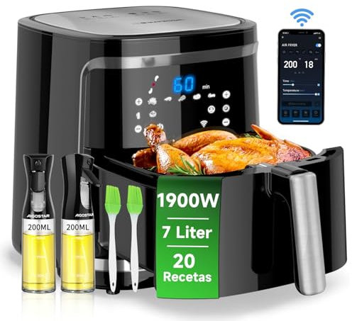 Aigostar Cube Smart, Freidora de aire inteligente sin aceite, Conexión Wifi, 1900W, 7L, Modo manual, Pantalla LED táctil, 7 funciones preestablecidas + mantener caliente, Con 2 dispensadores de vidrio