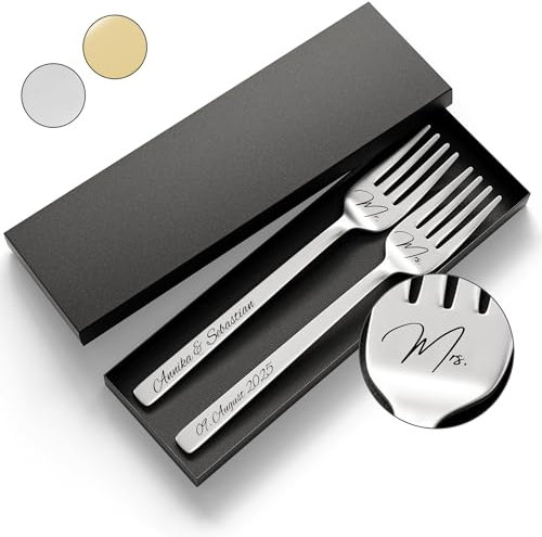 SMARTEON Gabel Set mit personalisierter Gravur – Hochzeitsgeschenke für Brautpaar, Geburtstag, Jubiläum, Geschenkidee für Paare – Kuchengabeln mit Namen mit Geschenkbox (Design 2, Silber)