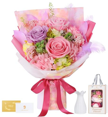 MAMAMIKO Bouquet de Roses Eternelle avec Vase, Fleur Eternelle Cadeau, Idée Boite Rose Eternel, Cadeau Femme, Saint-Valentin, Anniversaire, Fête des Mères, Grands-Mères, Copine, Amie (Rose et Violet)