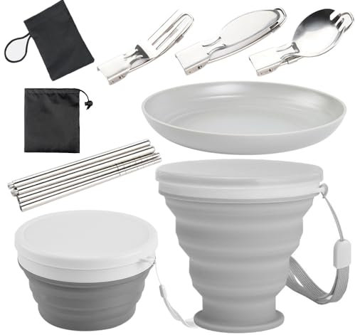 BIZOI Party Tableware Set, Foldable Party Tableware Set,9 Pcs Portable Camping Plates and Bowls Set, Resuable Dinnerware Set Include Spoon, Fork, Knife for Halloween, Christmas Party