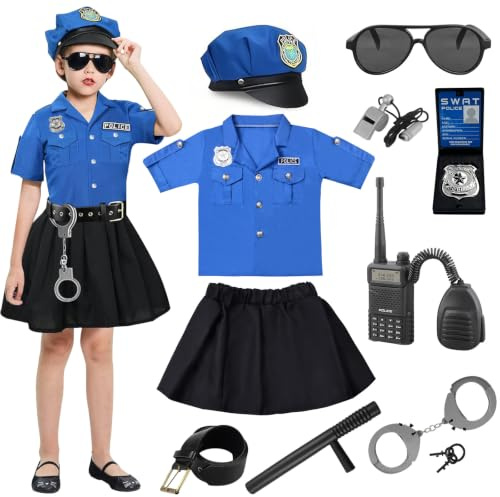 Luckyou Deguisement Policier Enfant Costume Policier avec Accessoires Déguisement Police Fille pour Carnaval Halloween Anniversaire NOËL Cosplay-M