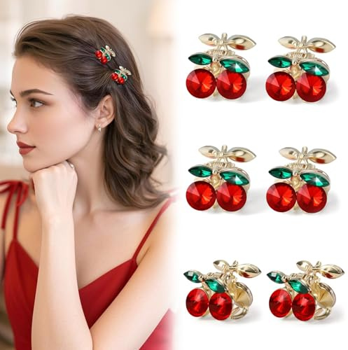 6 Stück Mini Cherry Haarklammern – Süße Kirsche Haarspangen für Mädchen & Damen – Kleine Obst Haarclips mit Strass für Zopf & Half-Up Frisuren – Claw Clips Kirschen Rot, Party, Weihnachtsgeschenke