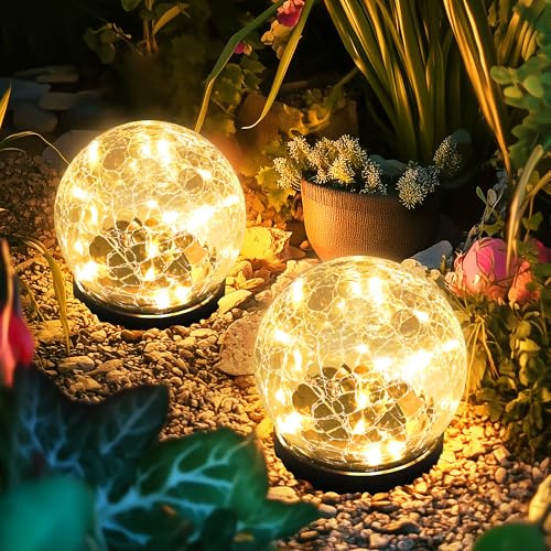 PATIOPIA Solar Lights Outdoor Garden, Solar Globe Lights Waterproof, Cracked Glass Ball Outdoor Decorations for Balcony Backyard Yard Patio Porch (2 Pack, Warm White)