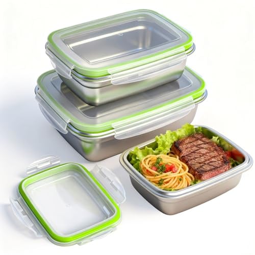 3er Pack Brotdose Edelstahl, Lunchbox Brotdose mit Deckel, BPA-frei & Spülmaschinenfest, Lunchbox Auslaufsicher Brotzeitdose für Kinder, Schule, Arbeit, Den Volumina 1800 ml, 850 ml und 350 ml