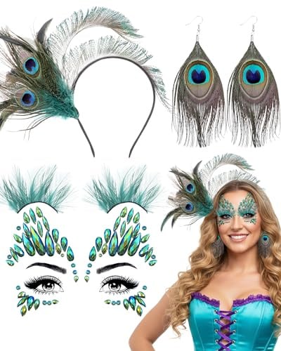 ETOFETE 4 Pcs Pfau Kostüm Damen, Federn Pfau Haarreif 0hrringe, Pfauen Wimpern Glitzersteine Gesichtstattoo, Pfaufedern Accessoires Kopfschmuck für Karneval Fasching Cosplay