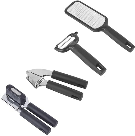 Salter Expert Kitchen Tool Set – Grater, Garlic Press, Y Peeler & Can Opener with Soft-Grip Handles, Sharp Stainless-Steel Blades, Durable & Dishwasher Safe for Cooking & Food Prep