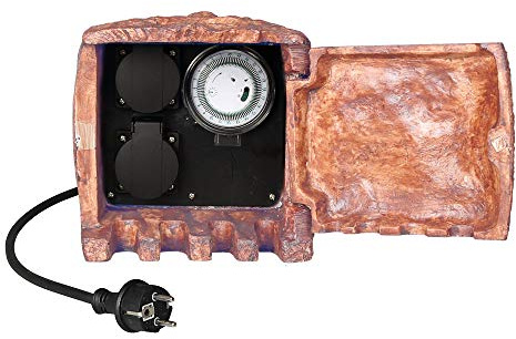 BLicht Gartensteckdose 2-Fach Steinoptik Braun IP44 – Außensteckdose inkl. 5m Anschlusskabel & Zeitschaltuhr