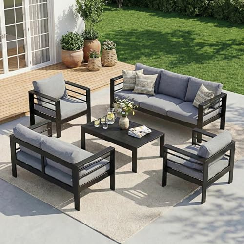 Atenza Aluminium Gartenmöbel Set Lounge Sitzgruppe 6-7 Personen | 5-teilige Outdoor Gartengarnitur mit WPC-Couchtisch, 12cm dicken Kissen & waschbaren Kissenbezügen für Terrasse & Balkon