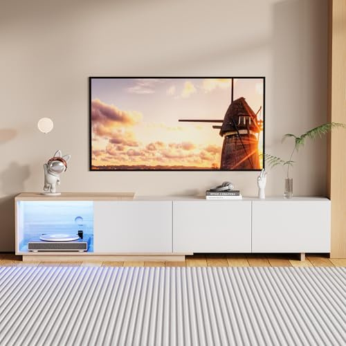 JYNVO Meuble TV avec éclairage LED, 3 tiroirs, passe-câbles, longueur de 163 cm à 240 cm, pour téléviseur jusqu'à 65 pouces, meuble TV pour salon, blanc