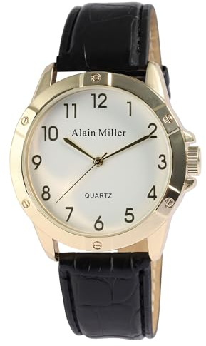 Alain Miller Herren Armbanduhr aus Kunstleder in Schwarz, in Einer Länge von 24 cm, Klassisches Design für jeden Mann