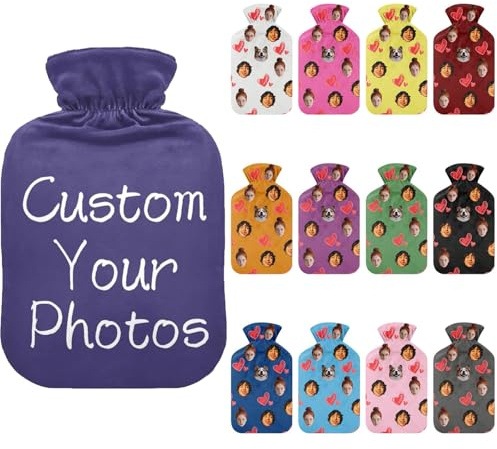 Personalized Hot Water Bottle with Cover,Custom Photo and Text Warm Fleece Rubber Picture Hot Water Bottle Unique Winter Gift for Women Girls Kids Couples