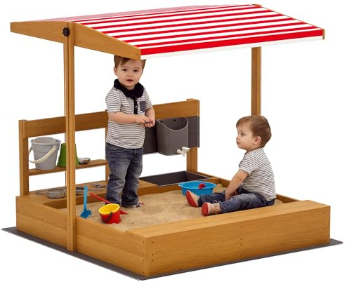 Outsunny Bac à Sable en Bois pour Enfants avec Toit réglable, bac à Sable pour Enfants avec Jouets de Cuisine, étagère et 2 sièges, Jeu pour Enfants de 3 à 7 Ans, pour Cour, Jardin, 114 x 110 x 110