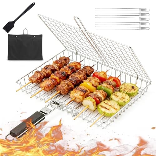 Cestino per barbecue per pesce, grande cestino pieghevole in acciaio inox con manico rimovibile, griglia per pesce, verdure, carne