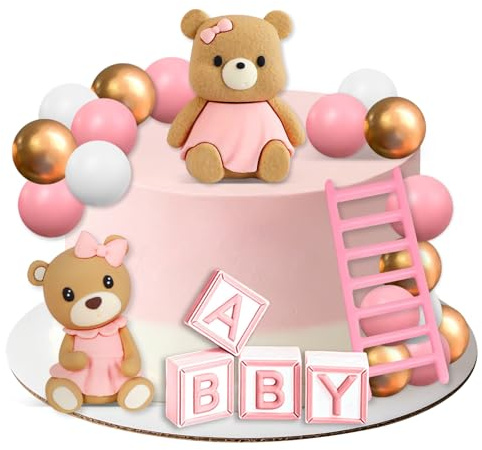 Rosa Teddybär Tortendeko Taufe, 22 pcs Kugeln Cake Topper Bär, Babyparty Kuchen Deko Teddybär Junge Mädchen, für Hochzeit Babyshower Geburtstag Party(Rosa)