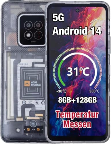 AGM X6 2026 Outdoor Handy Ohne Vertrag mit Temperatursensor 5G, 8GB+128GB/512GB, 6,78'' FHD+ Display, Android 14 Robustes Wasserdicht Smartphone, 50MP+16MP, Dual SIM/Face ID/5000mAh Akku,Transparent