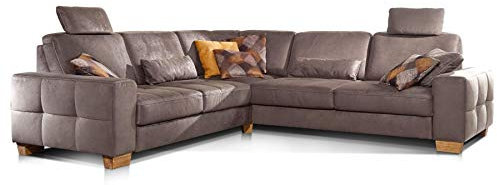 Cavadore Ecksofa Puccino mit Federkern, Schlaffunktion, verstellbaren Sitztiefen und 2 Kopfstützen / Couch gleichschenklig in L-Form im Landhausstil / 276 x 86 x 271 cm / Mikrofaser hellbraun