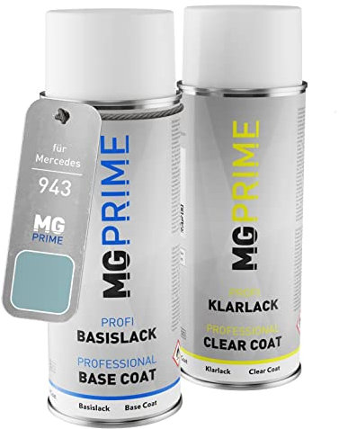 MG PRIME Autolack Sprühdosen Set für Mercedes 943 Eisblau Metallic/Ice Blue Metallic Basislack Klarlack Spraydose 400ml