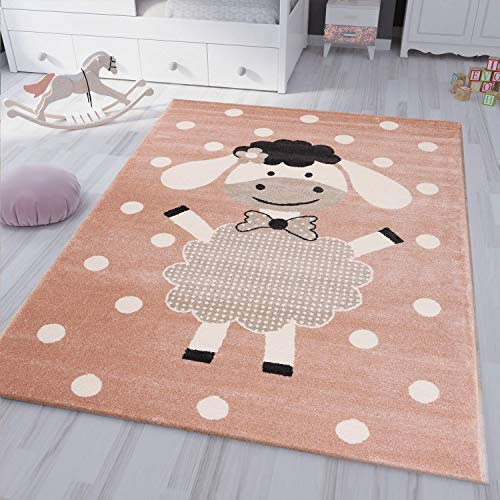 VIMODA kinderteppich kinderzimmer Flauschiger Baby Teppich Happy Schaefchen Kinder Jugendzimmer Rosa, Maße:Ø 120 cm Rund