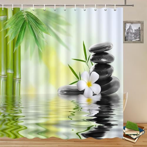 Lileihao Zen Garden Shower Curtain Spa Green Bamboo Black Stone White Flower Bathroom Decor Supplies Shower Curtains Sets Machine Washable Polyester Fabric 70 x 70 Inch with Hooks