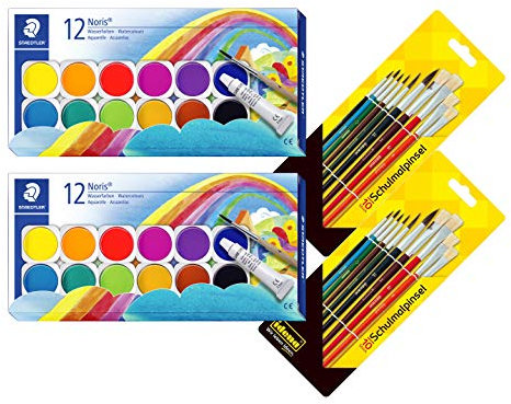 STAEDTLER Noris Club 888 NC12 Farbkasten, leicht mischbare Wasserfarben, hohe Farbbrillanz, hervorragende Deckkraft, Set aus 12 auswechselbaren Farbtöpfchen, (2, Farbkasten 12 Farben + Pinsel)
