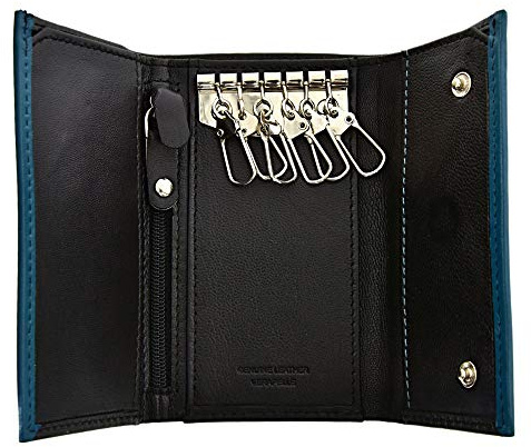 Carraro Portachiavi 6 Ganci con Tasca Portabanconote e Zip Interna Portamonete. Vera Pelle Di Vitello (Nero)
