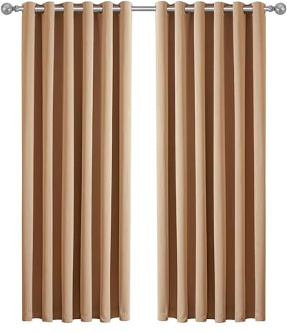 Imperial Rooms Eyelet Blackout Curtains for Living Room 90x90 Inch Beige Curtains for Bedroom Energy Saving Thermal Curtain 2 Panels with Tiebacks