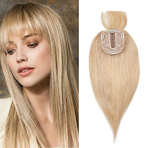 Silk-co Hair Topper Echthaar mit langem Pony, Toupet Damen 10x12cm Basis, Haartopper Echthaar mit Remy Seide Basis, Haar Topper Clip in Haarteil Extensions, 35cm24# Naturblond