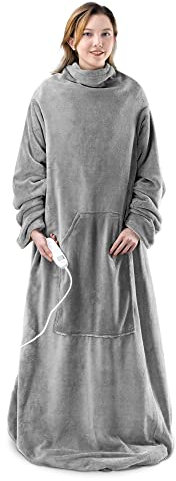 Navaris Electric Blanket with Sleeves - Adult Heated Wearable Soft Plush Fleece Throw with Adjustable Heat and Auto Shut Off Timer - Grey w/Pocket