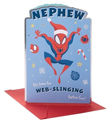 UK Greetings Disney Spider-Man Neffe Weihnachtskarte mit Umschlag – lustiges Design mit Spiderman mit Weihnachtsmütze