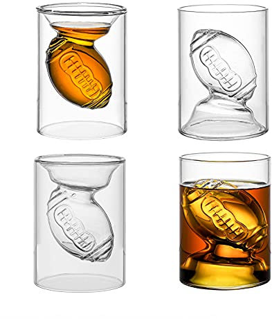 MADARC SPORT - Set of 4 - Football Reversible Shot Glasses 2Oz / 4.5Oz, with 3D relief Football Ball Shape inside - (Modern)
