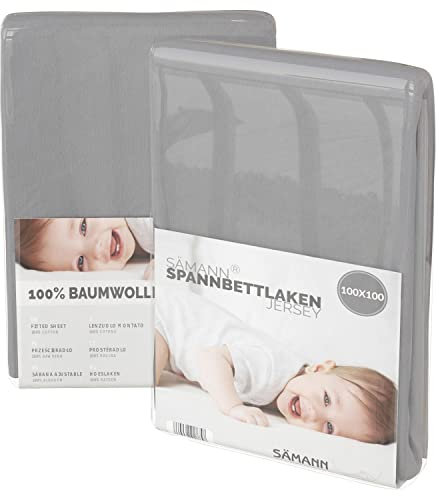 Sämann Jersey Spannbettlaken Spannbetttuch für Laufgitter 100x100 cm, Baumwolle grau