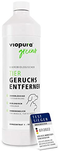 viopura mikrobiologischer Tier Geruchsneutralisierer (1 Liter Einzelflasche) – gegen Tiergerüche, Katzenurin, Geruchsentferner Hund – dermatologisch getestet – Enzymreiniger Tierhaltung