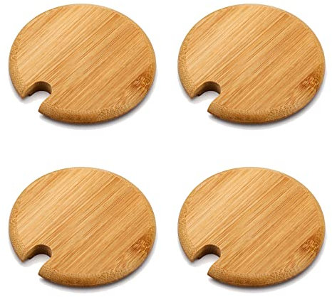 RESOYE 4 tapas de madera para tazas con agujero para cuchara, tapa de madera, tapa de bambú, tapas de bambú decorativas naturales, cubierta de madera para tazas (diámetro interior 74 mm)