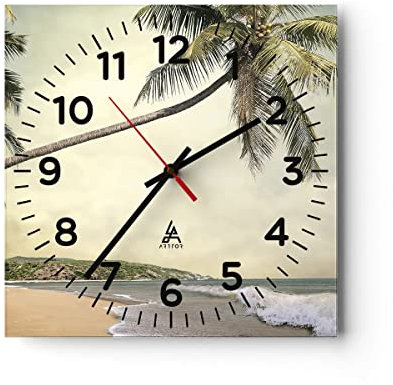 Modern Wanduhr Palme Strand Insel 30x30cm Quadrat Klein Wand Uhr Glas Analog Zimmeruhren Küche Büro Wohnzimmer Glasuhr Wall Clock Dekoration Design Wanddekoration Küchenuhr C4AC30x30-4154
