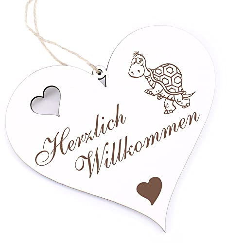 Herzlich Willkommen Schild - stehende Schildkröte - Deko Herz Holz Willkommensschild Türschild Dekoschild Türdeko