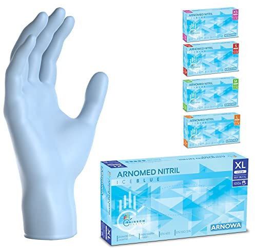 ARNOMED Guanti monouso azzurri, guanti in nitrile XL, guanti monouso nitrile 100 pezzi/confezione, guanti in nitrile senza polvere e lattice, guanti per alimenti, guanti nitrile taglie XS, S, M, L, XL