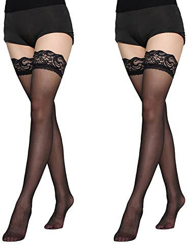 MIVAIUN 2 Pares liguero Sexy medias altas hasta el muslo pantimedias con patrón de encaje Floral negro para mujer medias de red tirantes de cintura con silicona Negro Talla única 80cm(2 Pares)