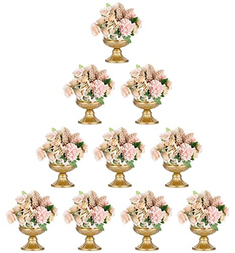 Metal Vases for Table Centerpieces, Hewory Gold Compote Pedestal Vase Floral Container Bulk, Brass Mini Footed Bowl Flower Holders Center Pieces for Wedding Birthday Party Anniversary (10pcs, 5in)
