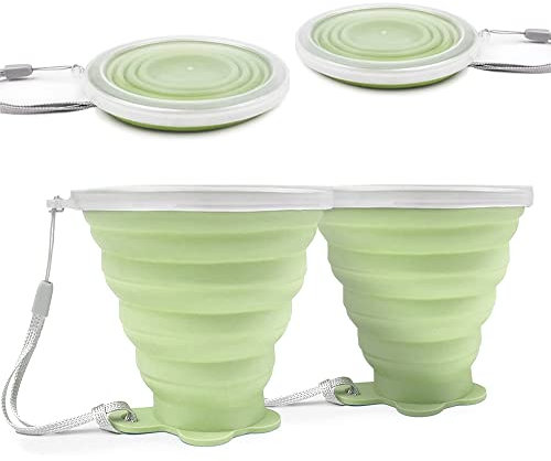 FUZVOL Silicone Foldable Cup with Plastic Sealing Lid for Camping, 2 Pcs Collapsible Silicon Portable Travel Cup, BPA Free Reusable Retractable Drink Mug for Outdoor Hiking Picnic Travel Matcha Green