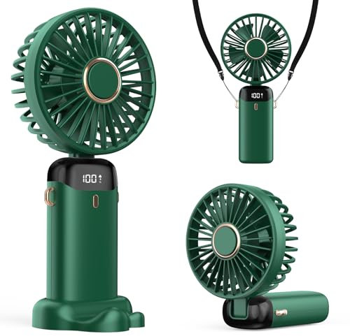 Refluxe Ventilatore Portatile, Fan USB 4200mAh con Display LED, 3-in-1 Mano/Collo/Da Scrivania, Regolabile a 90° e Pieghevole, per Ufficio, Camera, Viaggi e Regali Estivi (Verde)