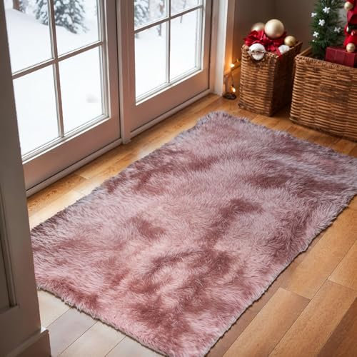 jianandi Teppich Wohnzimmer, Flauschige Weiche Teppiche für Schlafzimmer, Hochflor Waschbare Bettvorleger, Moderne Anti-Rutsch Teppich für den Eingangsbereich, Tie-dye Pink, 60 x 90 cm