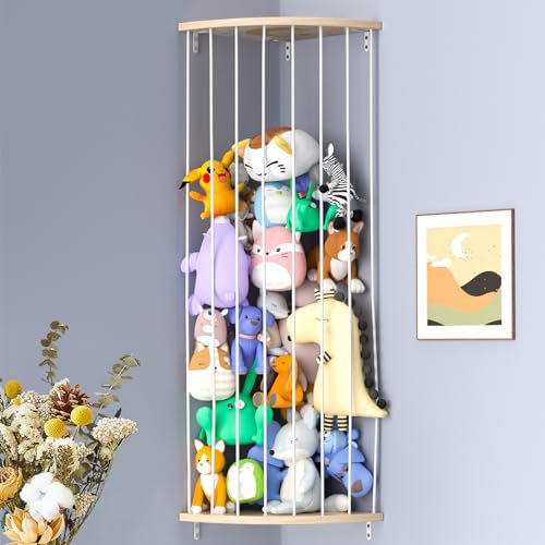 Zayysoha Stuffed Animal Storage Wood Corner Toy Plush Storage Hammock Hanging Storage Net, Toy Organizer Shelf for Nursery Playroom Bedroom Kid Room