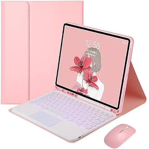 Funda con Teclado para Samsung Galaxy Tab A9+/A9 Plus 11'' 2023 (SM-X210/X216/X218), Contener Ñ, 7 Colores Retroiluminados, Teclado Inalámbrico Magnético Desmontable con Mouse Bluetooth,Rosado