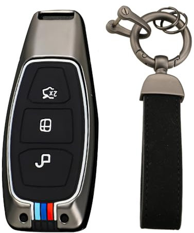 KUNIO Coque de clé compatible avec Ford Focus ST Fiesta Kuga C-Max Ecosport - Boîtier en métal - Coque de clé sans clé - 3 boutons - Porte-clés B noir